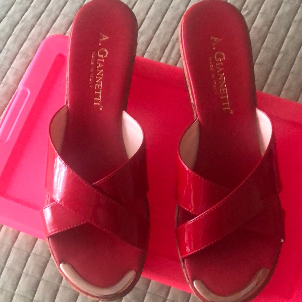 Beautiful Patent Red Sandals. Worn once. 4inch Cork heels.